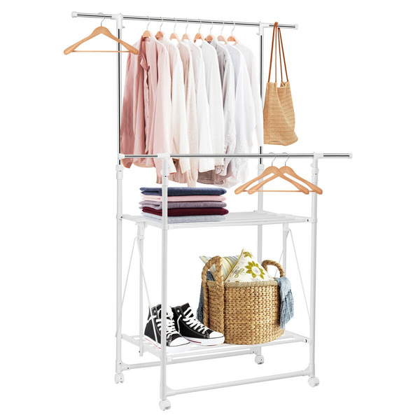 Double Rail Garment Rack Folding Adjustable Rolling Clothes Hanger w/ 2 ...