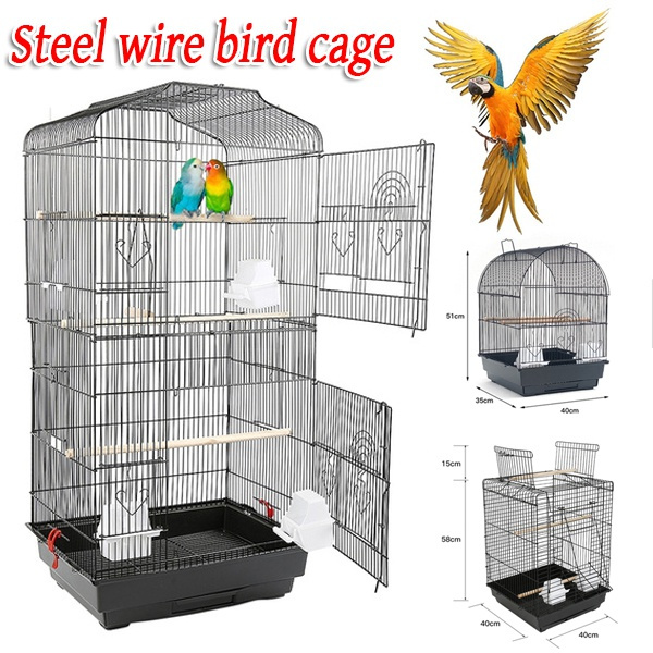 New Steel Wire Bird Cage Plastic Food Cups Feeders Wooden Perches Bird ...