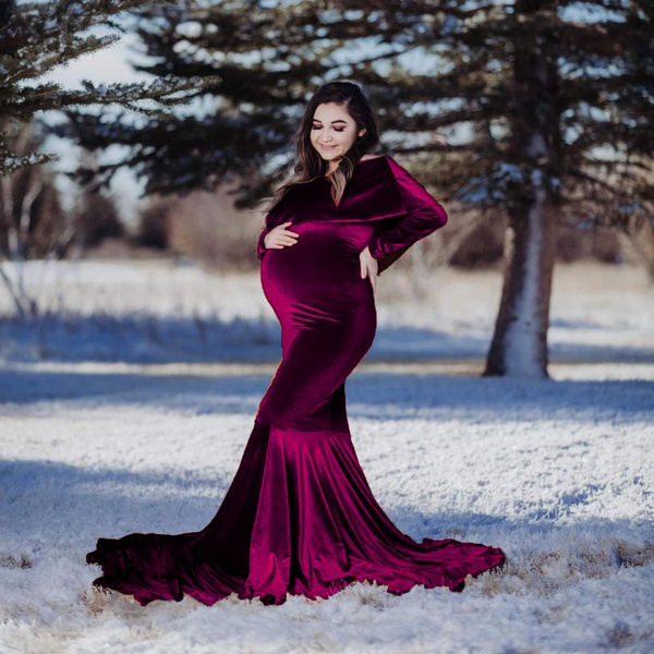 Velvet Maternity Dress for Photo Shoot Baby Shower Dress Long Sleeve