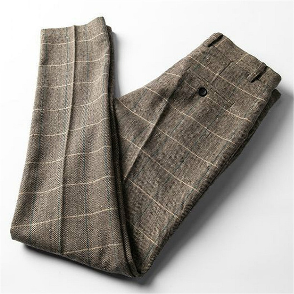 Men Herringbone Tweed Pants Vintage British Check Wool Blend