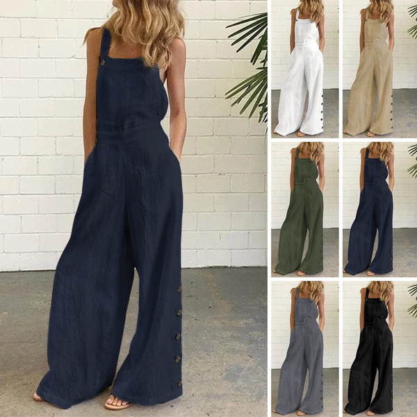 Rompers Womens Jumpsuit Sleeveless Wide Leg Long Pants Bib Overalls Pockets  Strappy Casual Loose Cotton Linen Playsuit Suspenders Plus Size