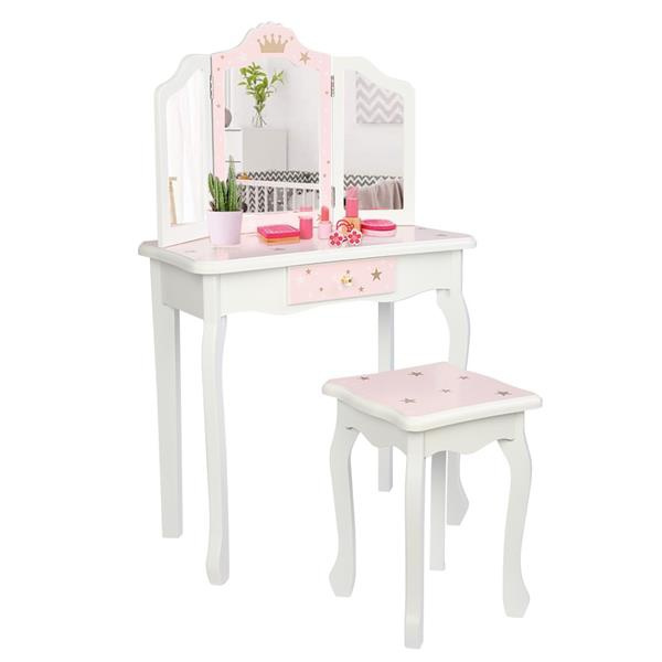 Wooden Toy Children S Dressing Table Three Foldable Mirror Chair Single Drawer Pink Star Style Wish Wooden Toy Children S Dressing Table, Toy Wood Vanity Set