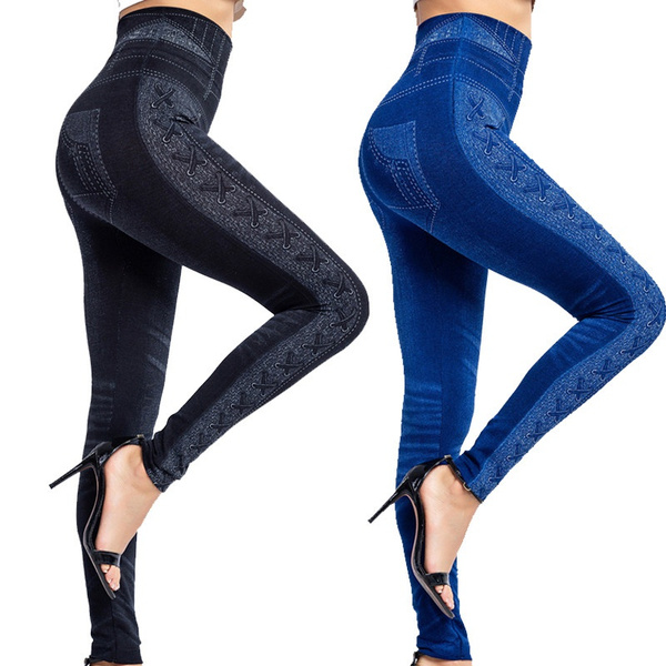 Women Sport Lady Denim Jeans Leggings Stretch Waist Pants Blue Black ...