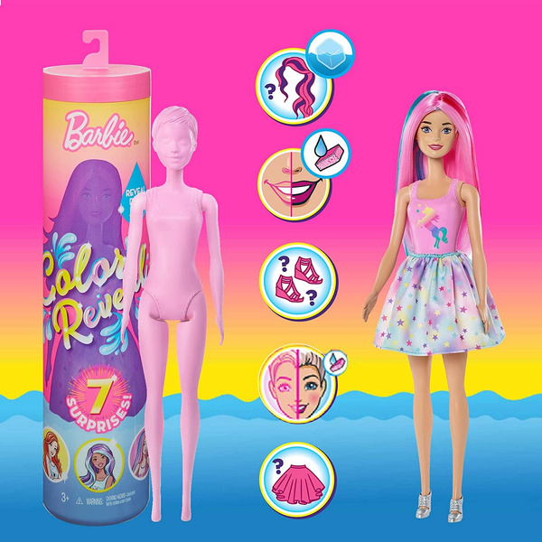Barbie Color Reveal Doll with 7 Surprises 4 Mystery Bags, Surprise Wig, Skirt, Shoes & Sponge; Sunny ‘N Cool Series