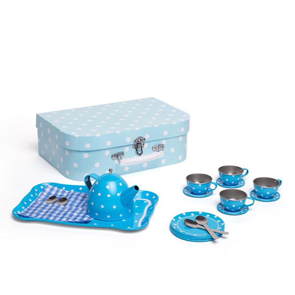 Bigjigs Toys Blue Polka Dot Kids Tea Set with Carry Case 15pc Tin