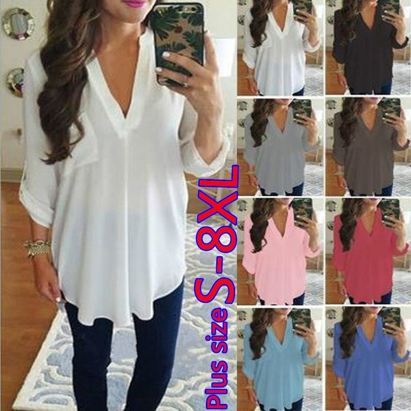 Plus Size Sexy Women Ladies Loose Chiffon Tops Long Sleeve Shirt Casual  Blouse 