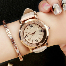 Women Fashion christmas gift Luxury Leisure Auger Leather Aanlog Stainless Steel Quartz Watch
