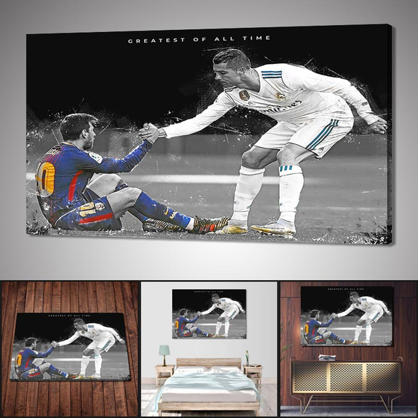 Frame-style1 30×45cm Superstar Ronaldo And Messi Football Sports Poster Canvas Poster Wall Art Decor Print Picture Paintings for Living Room Bedroom Decoration 12×18inch 