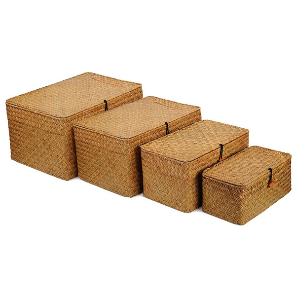 Seagrass Storage Baskets With Lids Woven Rectangular Basket Bins Wicker Organizer For Shelf Set Of 4 Wish Seagrass Storage Baskets With Lids, Woven Storage Bins With Lids