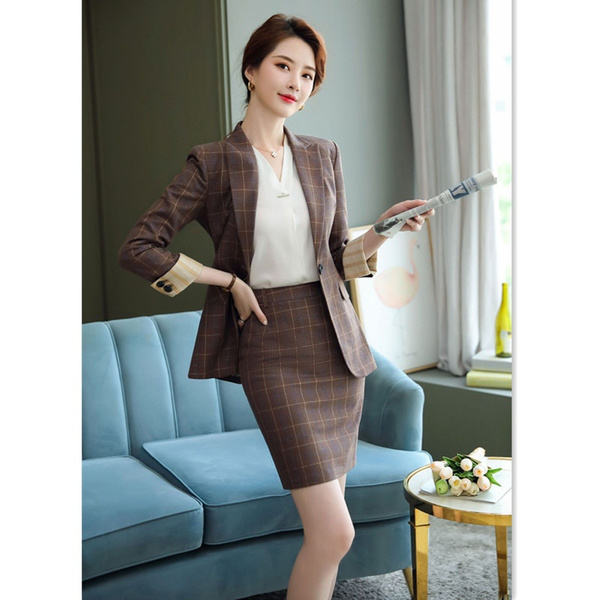 Women's Two Piece Office Lady Business Suit Set Plaid Women Suits