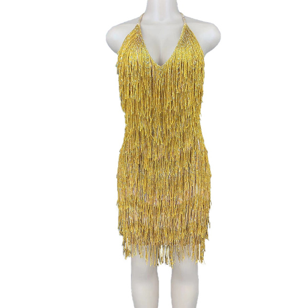Backless Gold Fringe Short Dress Women Performance Latin Dance Costume ...