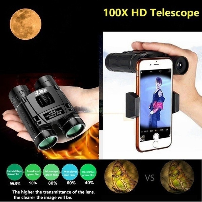 NEW 30000M High Power 100x Zoom Day / Night Vision with Low Light Ultra HD Telescope Binoculars Foldable Outdoor Optical Lens Waterproof Anti-fog Telescope for Hunting Traveling Wiht Phone Clip Gifts
