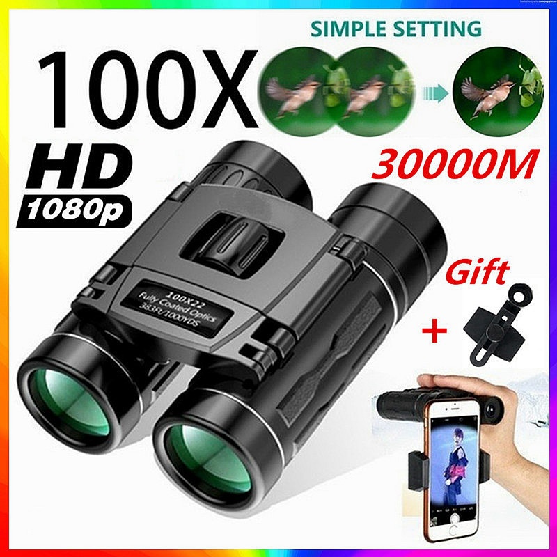 NEW 30000M High Power 100x Zoom Day / Night Vision with Low Light Ultra HD Telescope Binoculars Foldable Outdoor Optical Lens Waterproof Anti-fog Telescope for Hunting Traveling Wiht Phone Clip Gifts