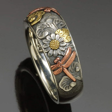 Women's Vintage Dragonfly Sunflower Ring Unique Engagement Wedding Rings Band Anniversary Gift Jewelry Size 5-13