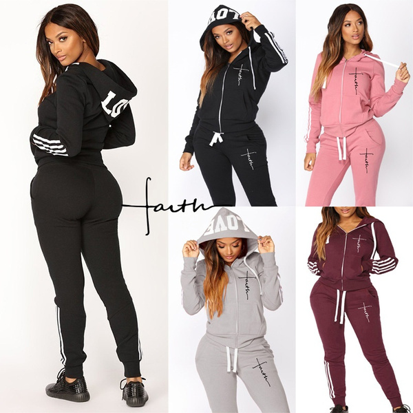 Women Faith Printed Tracksuit Sets Ladies Yoga Zipper Hooded Coat