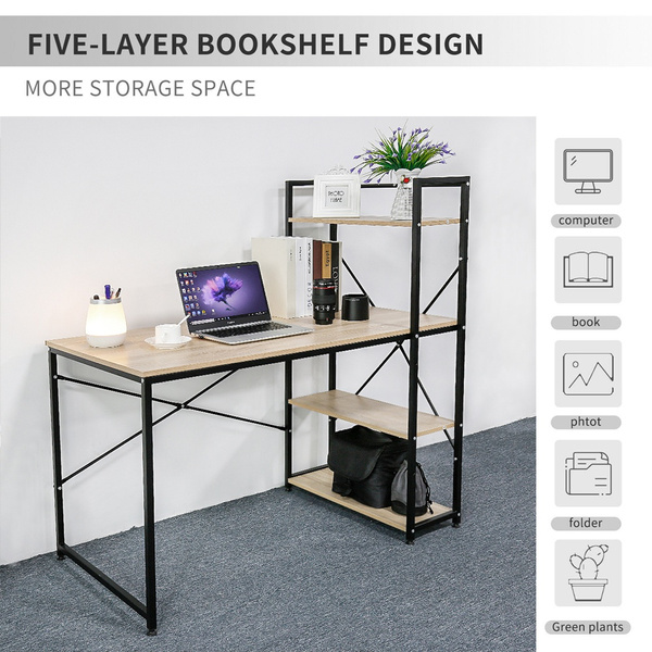 Home Office Computer Desk with 3-Tier Bookshelf Bedroom Modern Large ...