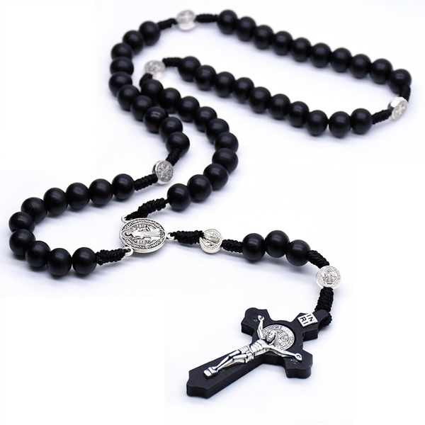 Religious Wooden Antique Black Cross Rosary Pendant Necklaces Jesus ...