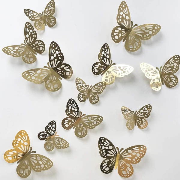 24Pcs Rose Gold Butterfly Wall Sticker Decal 3D Metallic Art Butterfly Mural Decoration Flying