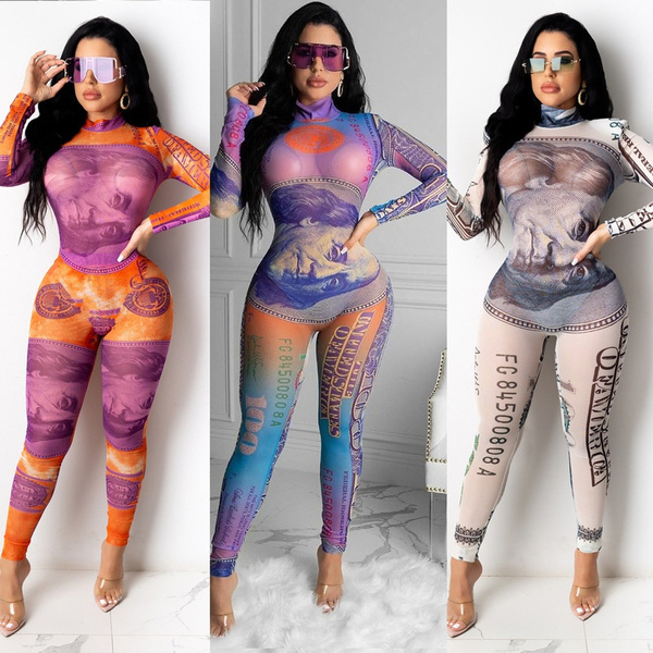 Women Sexy See through Two Piece Jumpsuit Long Sleeve Bodysuit