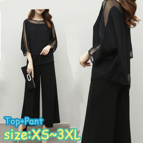 Wide Leg Pant Suits For Mother of Bride Solid Black Color Chiffon