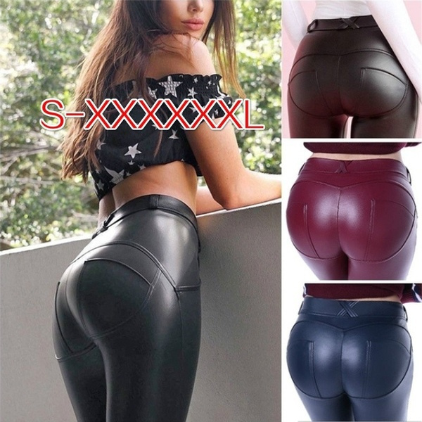 New Tights Elastic Force Hot-Ass PU Tight Leather Pants Women Black  Footless Leggings Sports Yoga Pants Plus Size