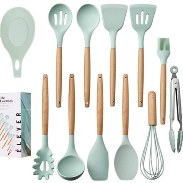 Silicone Cooking Utensils Set Non-Stick Spatula Shovel Wooden Handle  Cooking Tools Set With Storage Box Kitchen Tool Accessories