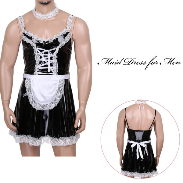 Mens Sissy French Maid Costumes Patent Leather Sleeveless Uniform Dress With Apron Outfits Wish 8186