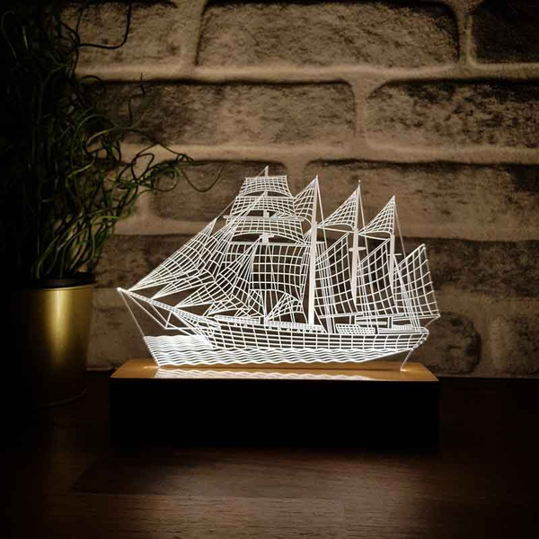 Sailboat 3d Led Table Lamp Daylight Color Wooden Base Wish