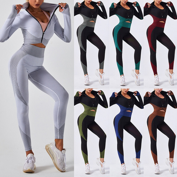Womens Ladies Seamless Gym Fitness Yoga Suit Long Sleeve Zipper Crop Tops  Leggings Sets Sports Running Outfits