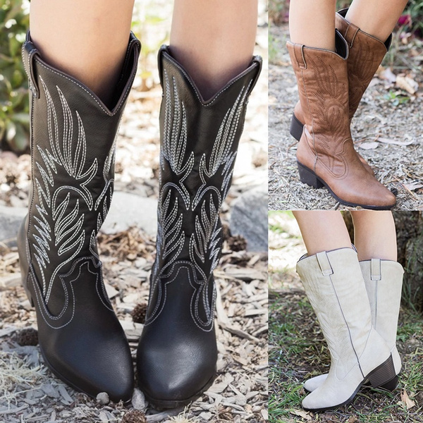 Vintage Western Cowgirl Boots Women Fashion Knee High Leather