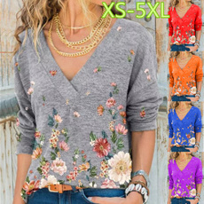 2020 Autumn and Winter New Women's V-neck Flowers Printed Long Sleeve T-shirt Loose Casual Autumn Lopng Sleeve Shirt XS-5XL
