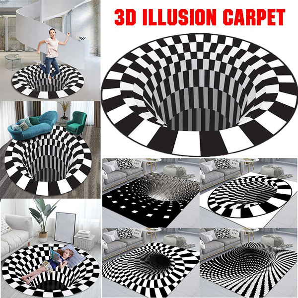 3D Illusion Vortex Bottomless Hole Carpet Area Rug Black White Grid ...