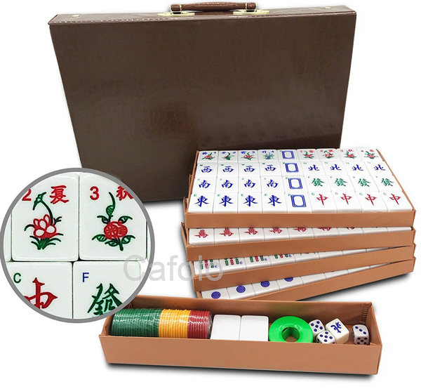 LINAZI Chinese Mahjong Game Set with Carrying Travel Case,Large 144  High-Grade Tiles with Arabic Numerals,Lvory White