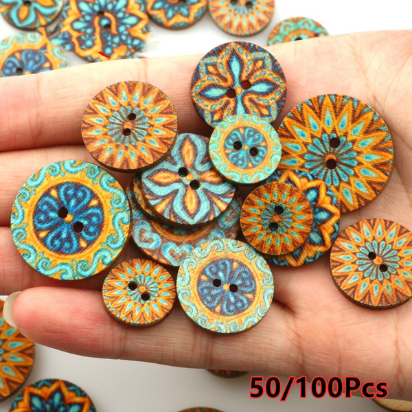 100 PCS Vintage Painted Wooden Buttons DIY Sewing Craft Decorative