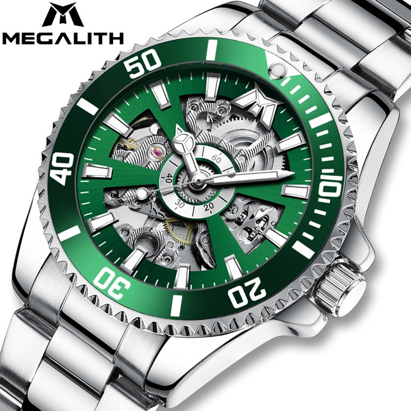 MEGALITH Watches Men Luxury Automatic Mechanical Watches for Men Silver Stainless Steel Waterproof Skeleton Wrist Watch Business Casual Luminous Clock