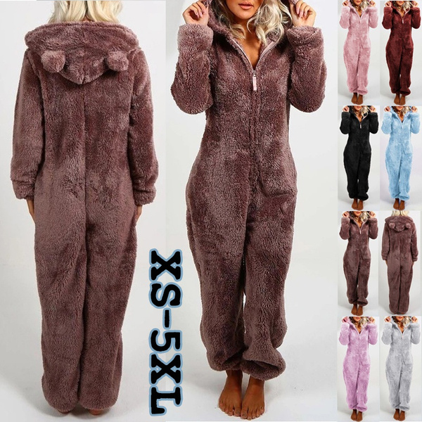 7 Colors Women's Fashion Long Sleeve Hooded Faux Fur Jumpsuit Pajamas ...