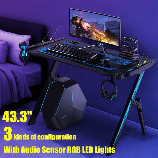 43 3 Gaming Computer Desk Black Gamer Table With Audio Sensor Rgb Led Lights Cup Holder Headphone Hook Wish