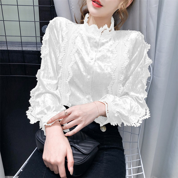 Women Velvet Blouse Lace Fringe Long 