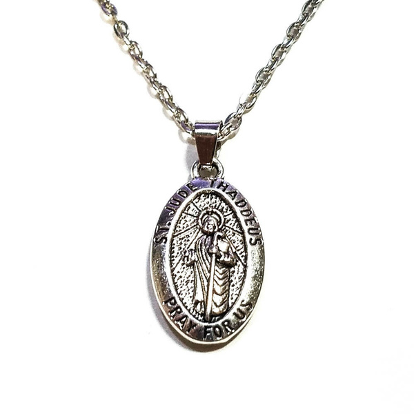 Saint St Jude Thaddeus Pray For Us Oval Silver Medal Pendant Necklace ...