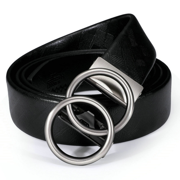 Men Designer Belts Metal Circle Ring Belt Buckles Silver/Gold Automatic  Buckles Black Leather Belt for Men Accessories