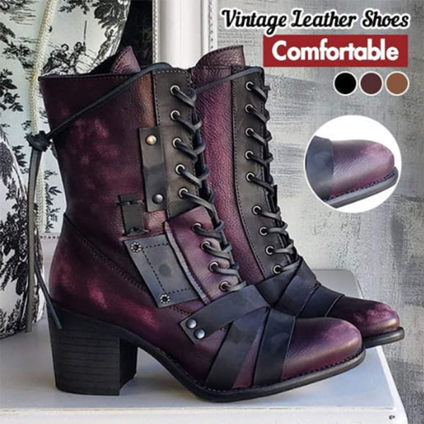 womens retro comfy chunky heel lace up boots