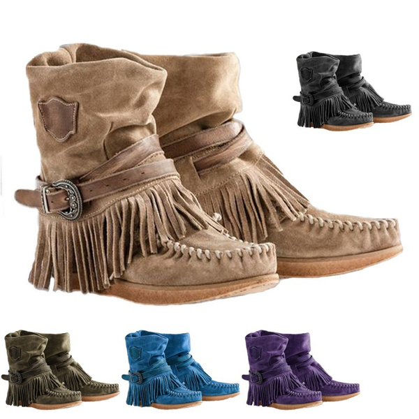 Retro Casual Flat Fringe Women Booties Autumn Winter Slouch Suede