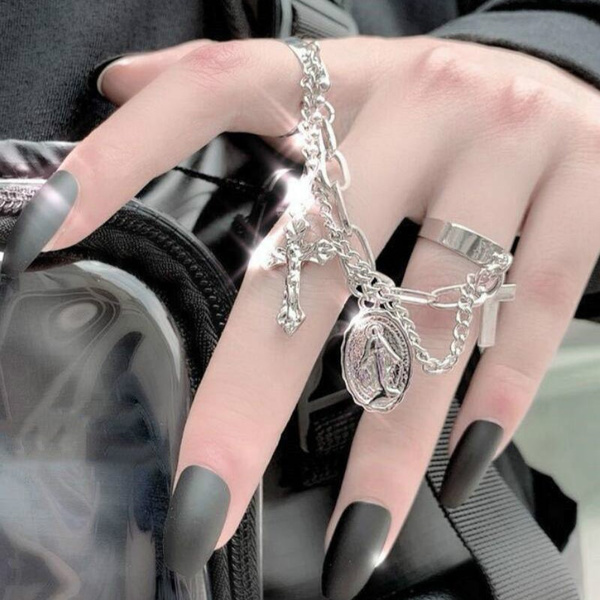 Punk Cross Adjustable Hip Pop Chain Joint Finger Ring Gothic Ring Jewelry 