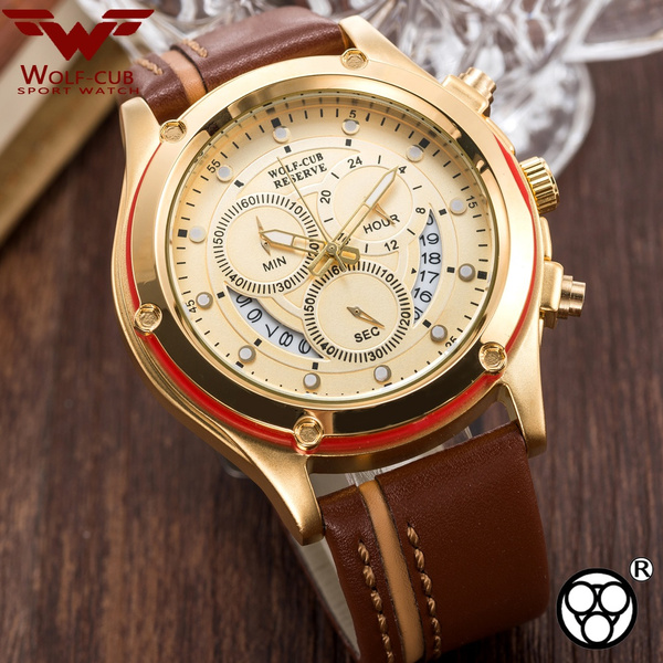 WOLF-CUB Sport Chronograph Mens Watches Golden Casual Leather Waterproof  Date Quartz Watch Man Clock Relogio Masculino