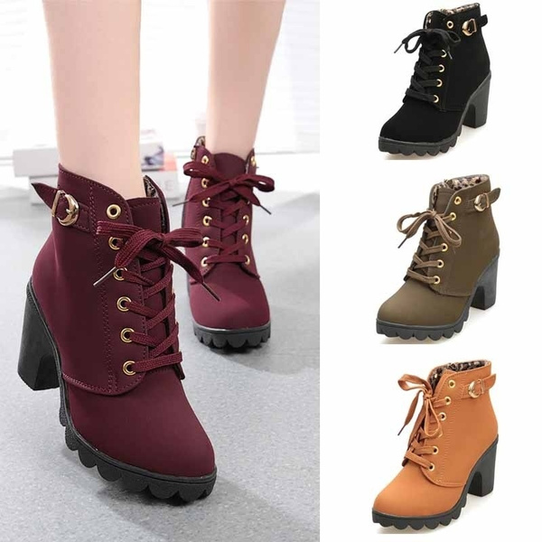 Botas Martin de invierno para mujer, botas cortas de tacón alto con suela  gruesa de encaje, botines de moda, tacón grueso, tamaño 35-42 | Wish