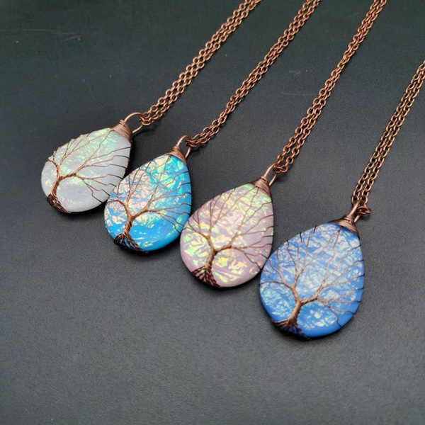 Natural Crystal Copper Wire Winding Water Droplet Tree Of Life Color Change  Ripple Necklace Energy Stone Necklace Women Jewelry