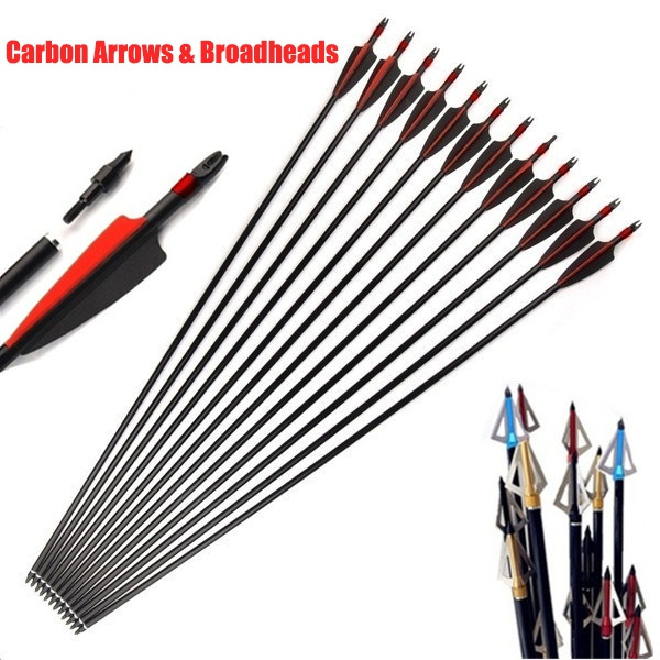 6/12PCS Caron Arrows with Broadheads Set Archery Shooting Hunting