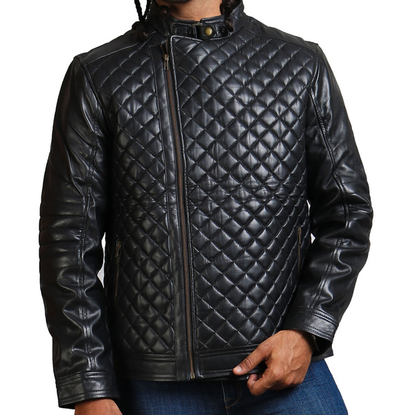 Quilted Leather Jacket Men Black Genuine Leather Diamond Quilted ...