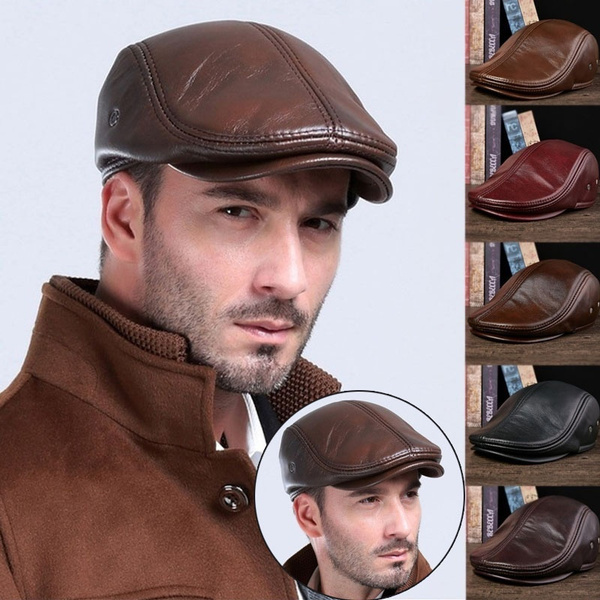 2021 New Men's Genuine Leather Beret Hunting Cap Cowhide Leather Warm ...