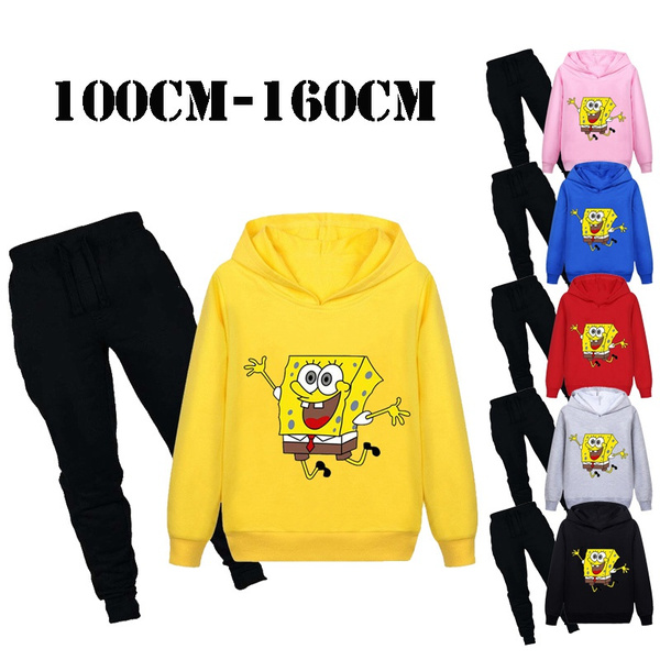 NEW Fashion Kids Sportswear SpongeBob SquarePants Cute Cartoon Printed Hoodies and Pants Set Anime Hooded Pullover Suits Jogging Tracksuit Suitable